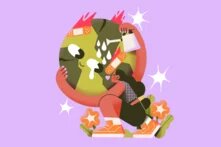 Illustration: Weiblich gelesene Person pflegt weinende Erde mit Pflaster und Gießkanne, umgeben von Blumen und Sternen auf lila Hintergrund.
