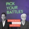 Text „Pick Your Battles“ in Neon-Schrift. Jan Philipp Albrecht und Ulrike Herrmann abgebildet, mit Hinweis auf ihre Diskussion.