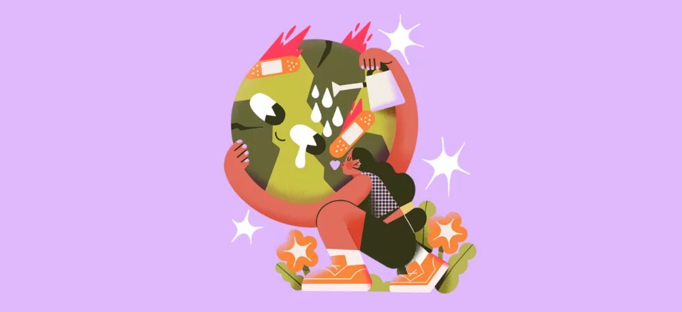 Illustration: Weiblich gelesene Person pflegt weinende Erde mit Pflaster und Gießkanne, umgeben von Blumen und Sternen auf lila Hintergrund.